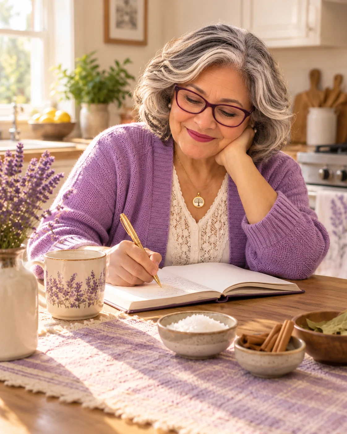 Abuelita Meli sonriendo mientras escribe en su cuaderno, con cuencos de sal, canela y laurel sobre la mesa