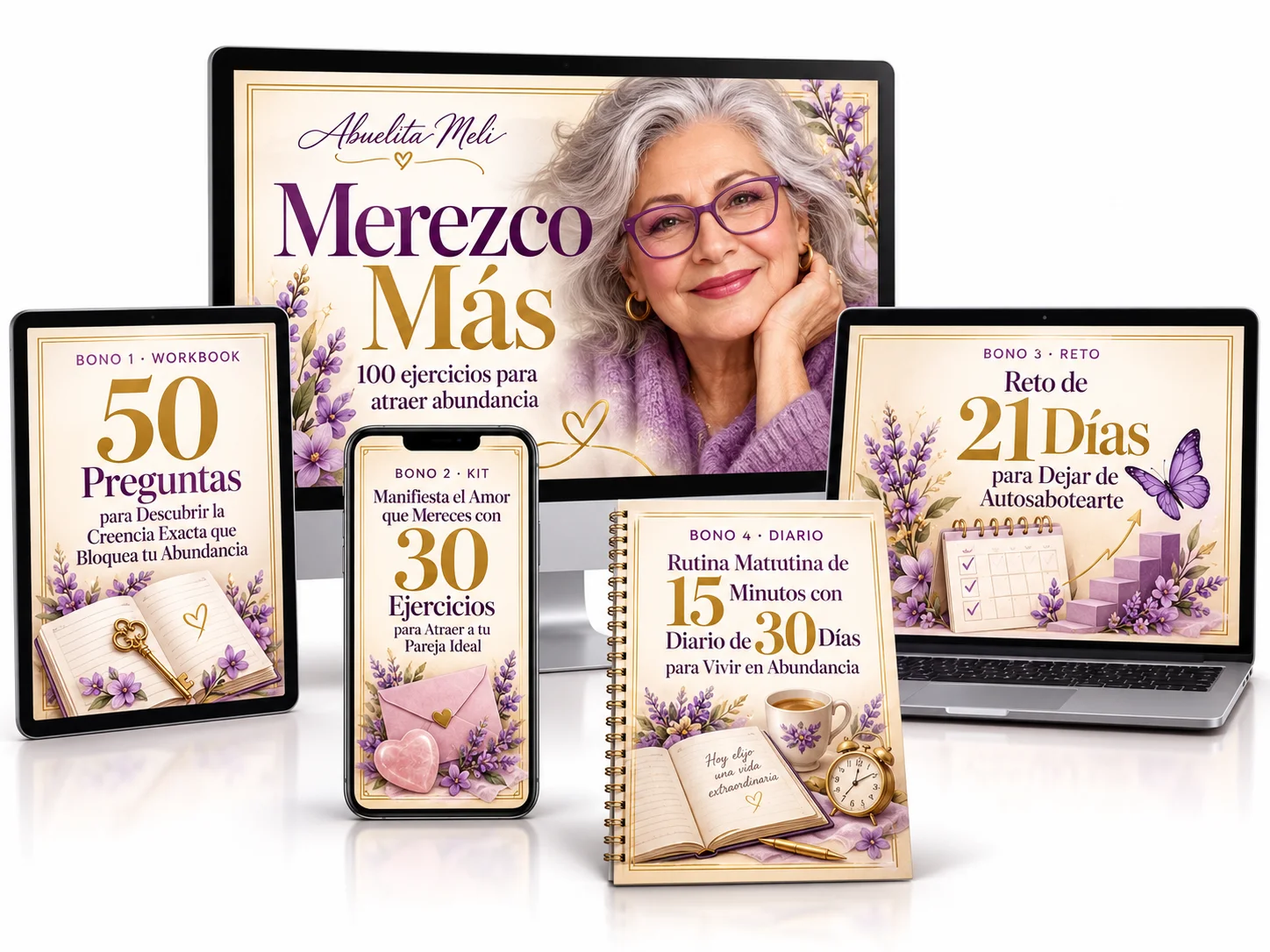 El Kit Merezco Más con sus 4 bonos en pantalla, tablet, celular, laptop y cuaderno